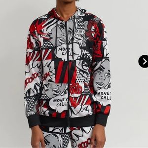 Money Calls Comic Print Hoodie Black Red and white size Medium and Large